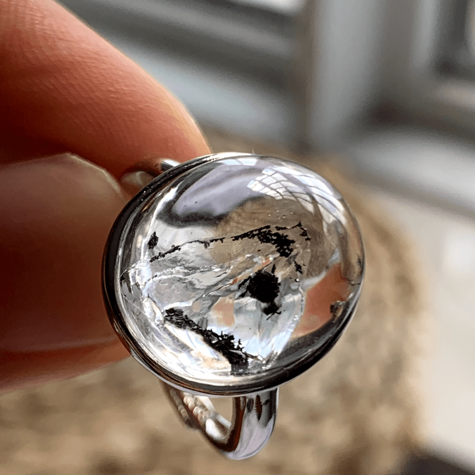 Natural Enhydro Quartz Ring with Moving Sand, Handmade 925 Sterling Silver Crystal Ring, Water Inclusion Gemstone Jewelry