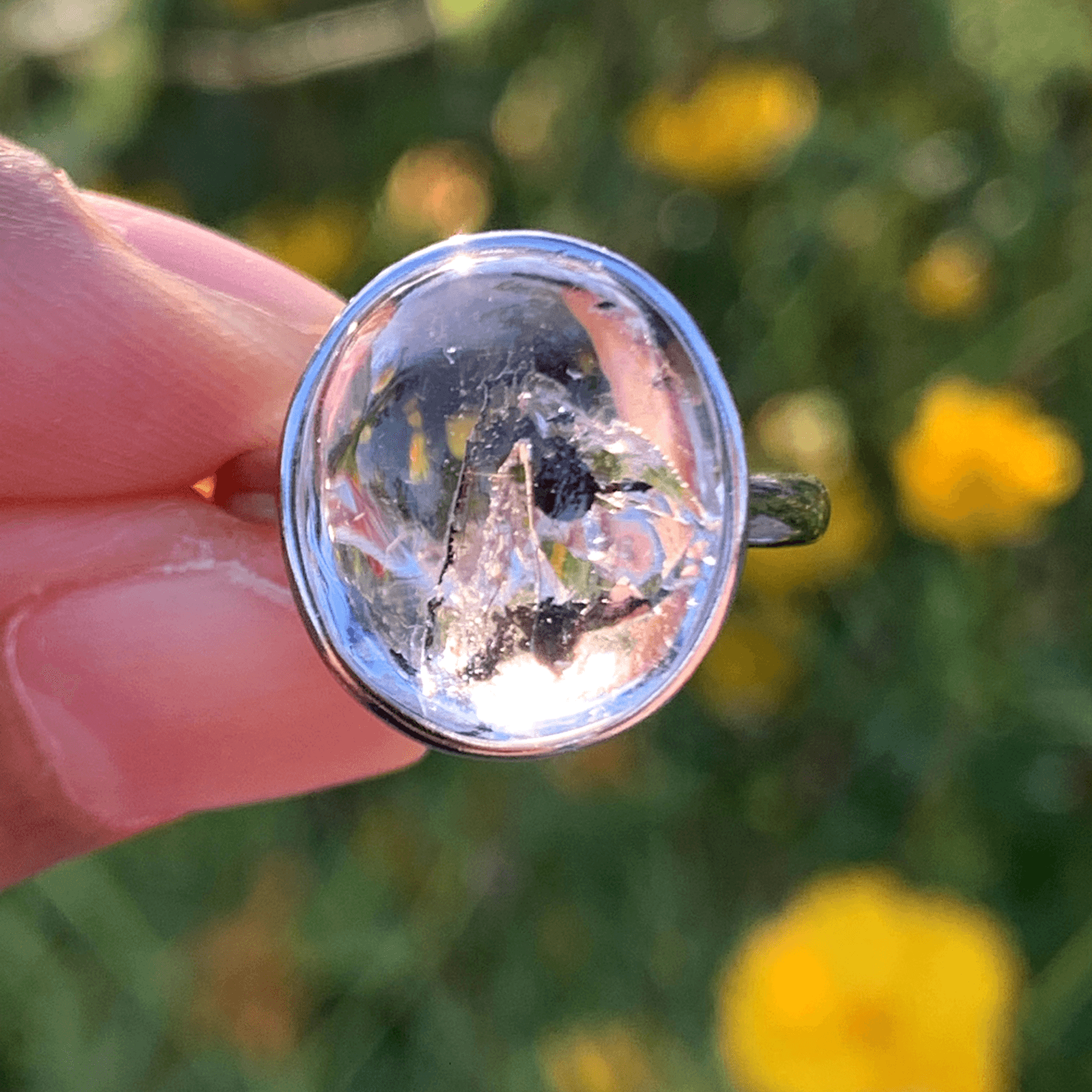Natural Enhydro Quartz Ring with Moving Sand, Handmade 925 Sterling Silver Crystal Ring, Water Inclusion Gemstone Jewelry
