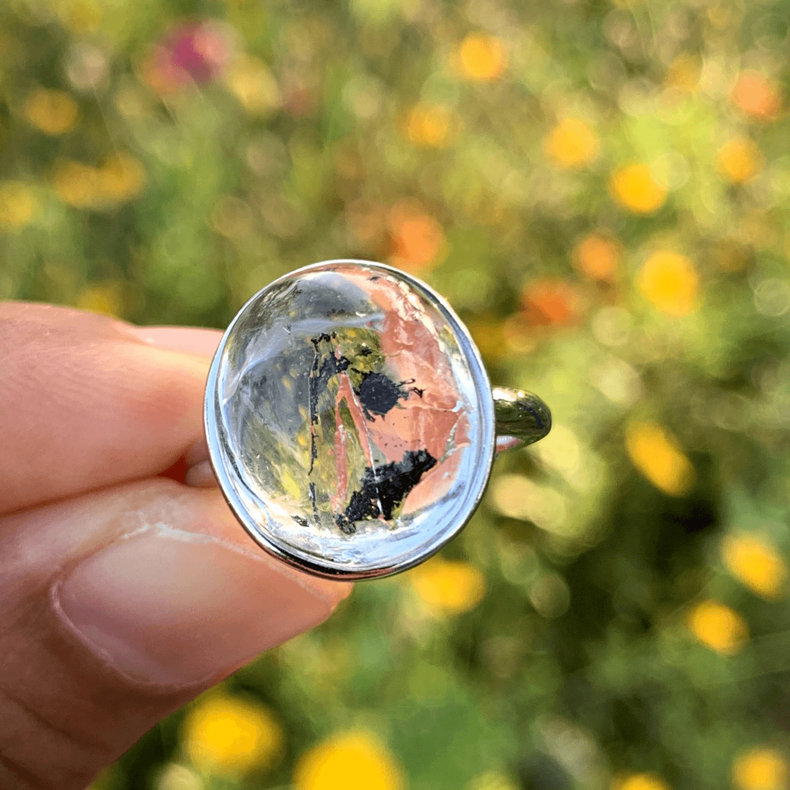 Natural Enhydro Quartz Ring with Moving Sand, Handmade 925 Sterling Silver Crystal Ring, Water Inclusion Gemstone Jewelry