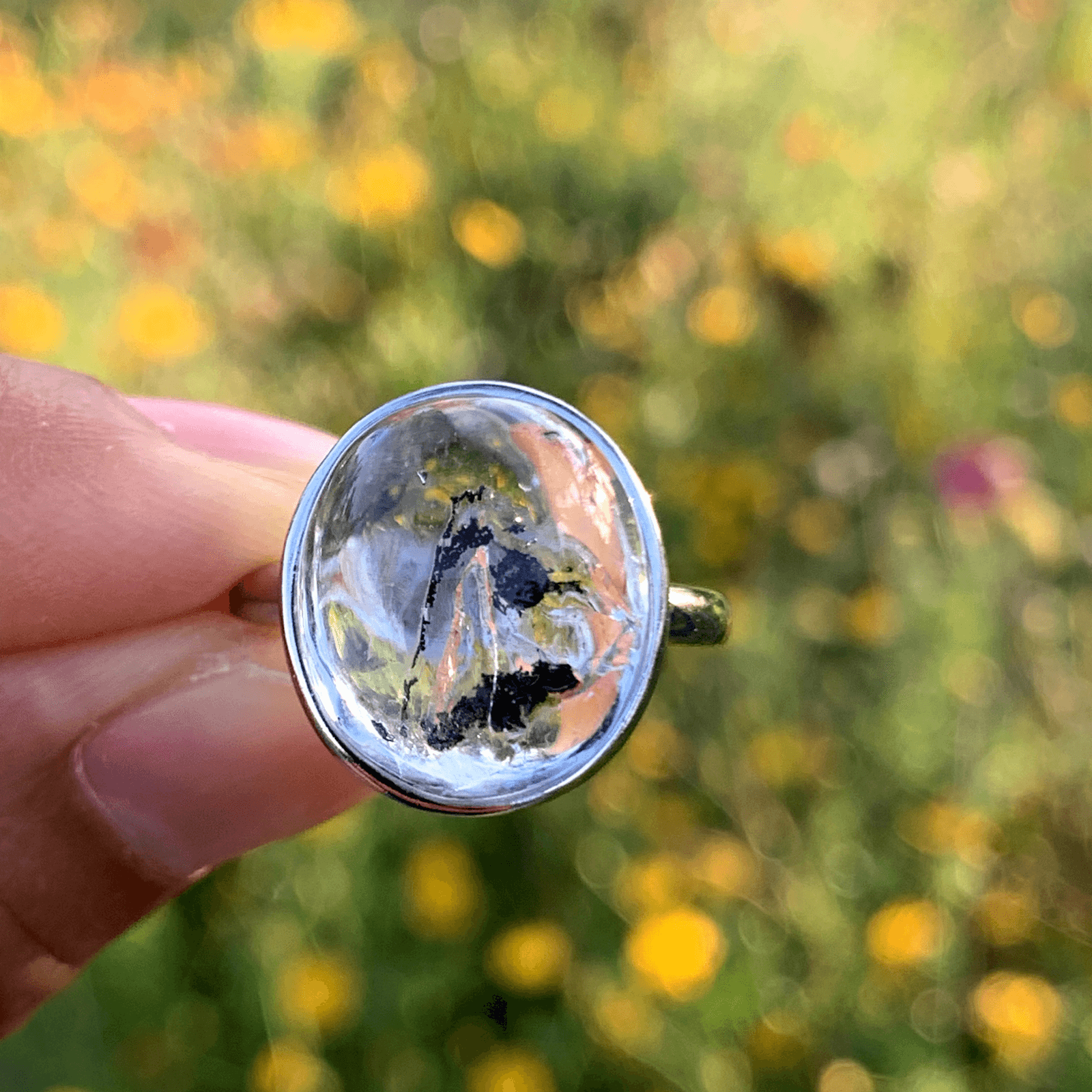 Natural Enhydro Quartz Ring with Moving Sand, Handmade 925 Sterling Silver Crystal Ring, Water Inclusion Gemstone Jewelry