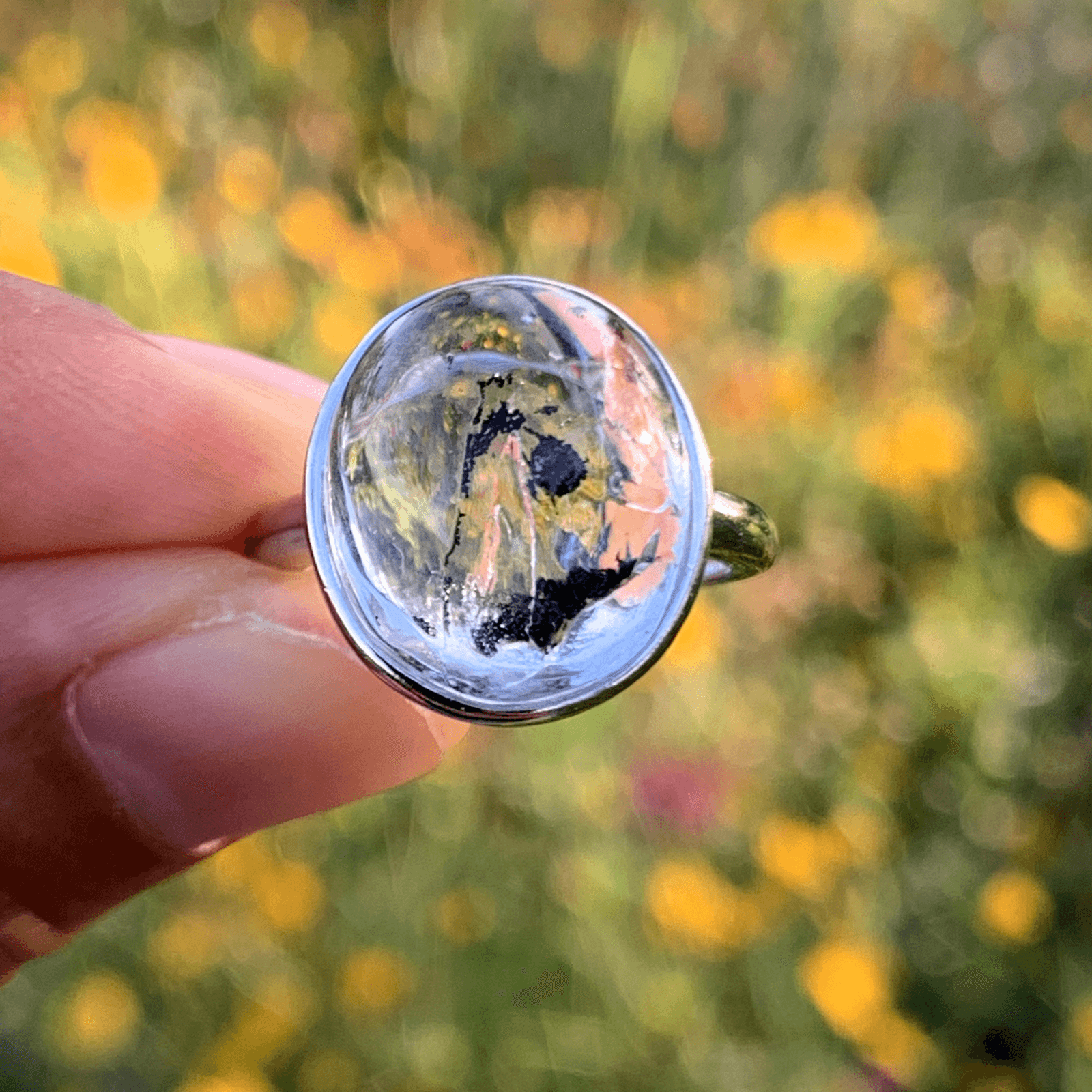 Natural Enhydro Quartz Ring with Moving Sand, Handmade 925 Sterling Silver Crystal Ring, Water Inclusion Gemstone Jewelry